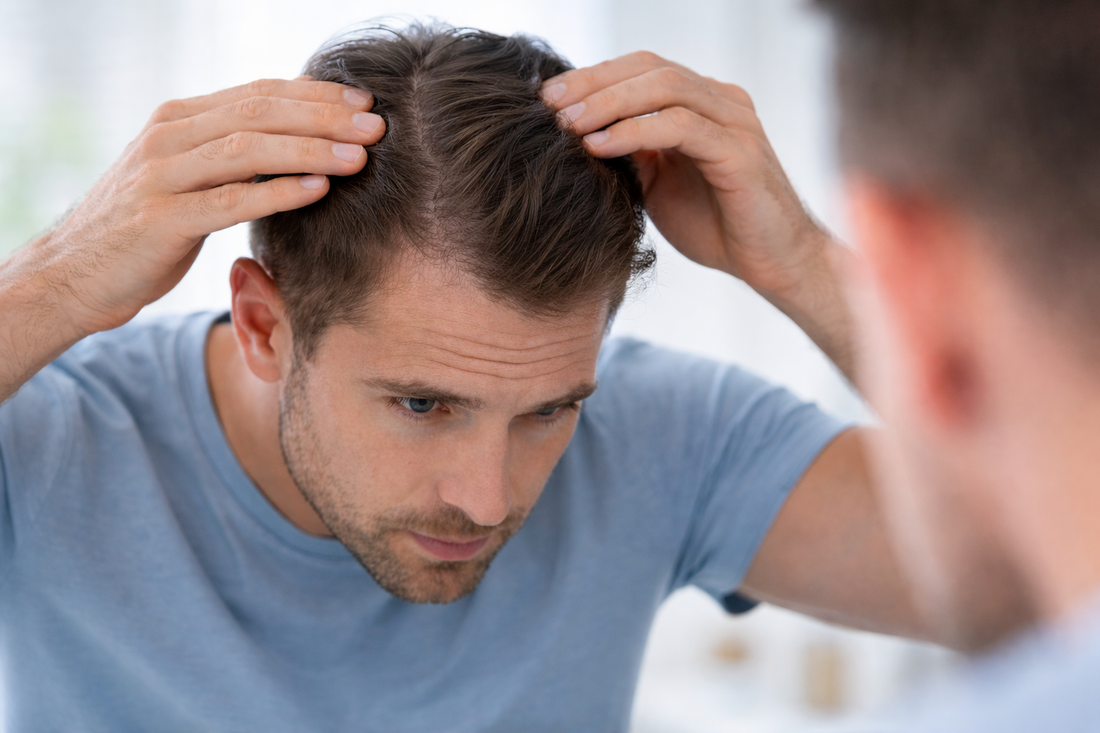 Man noticing early signs of male pattern baldness in mirror