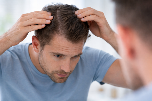 Man noticing early signs of male pattern baldness in mirror