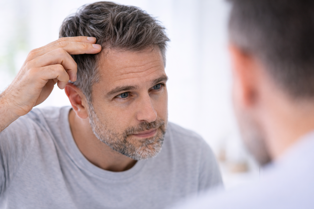 Man checking early hair regrowth along his hairline