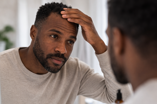 Black man checking hairline regrowth in bathroom mirror