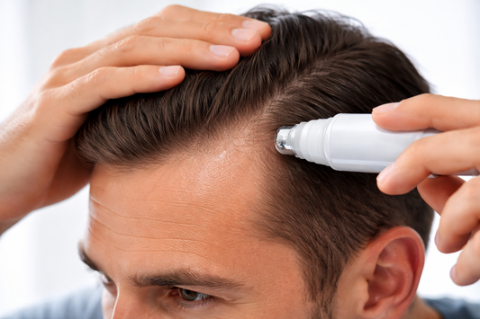 Man applying hair growth serum to receding hairline