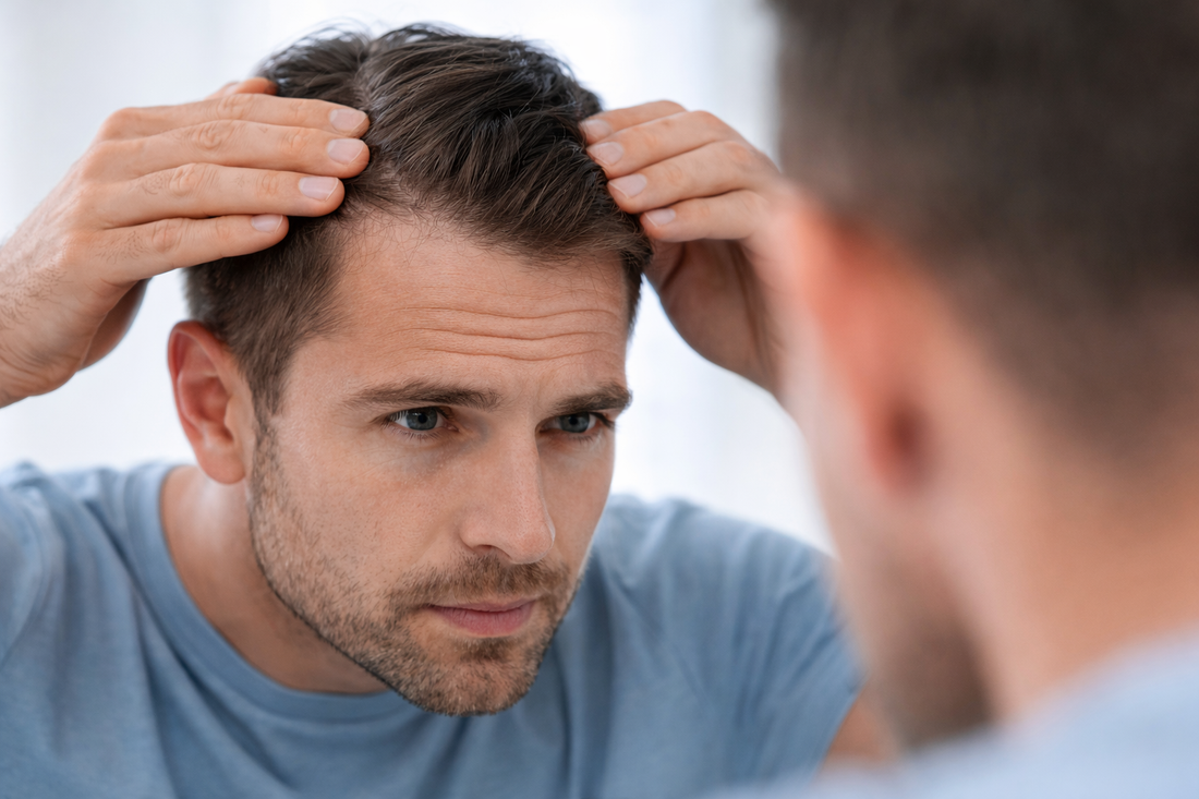Man noticing temple hair loss and receding hairline in mirror