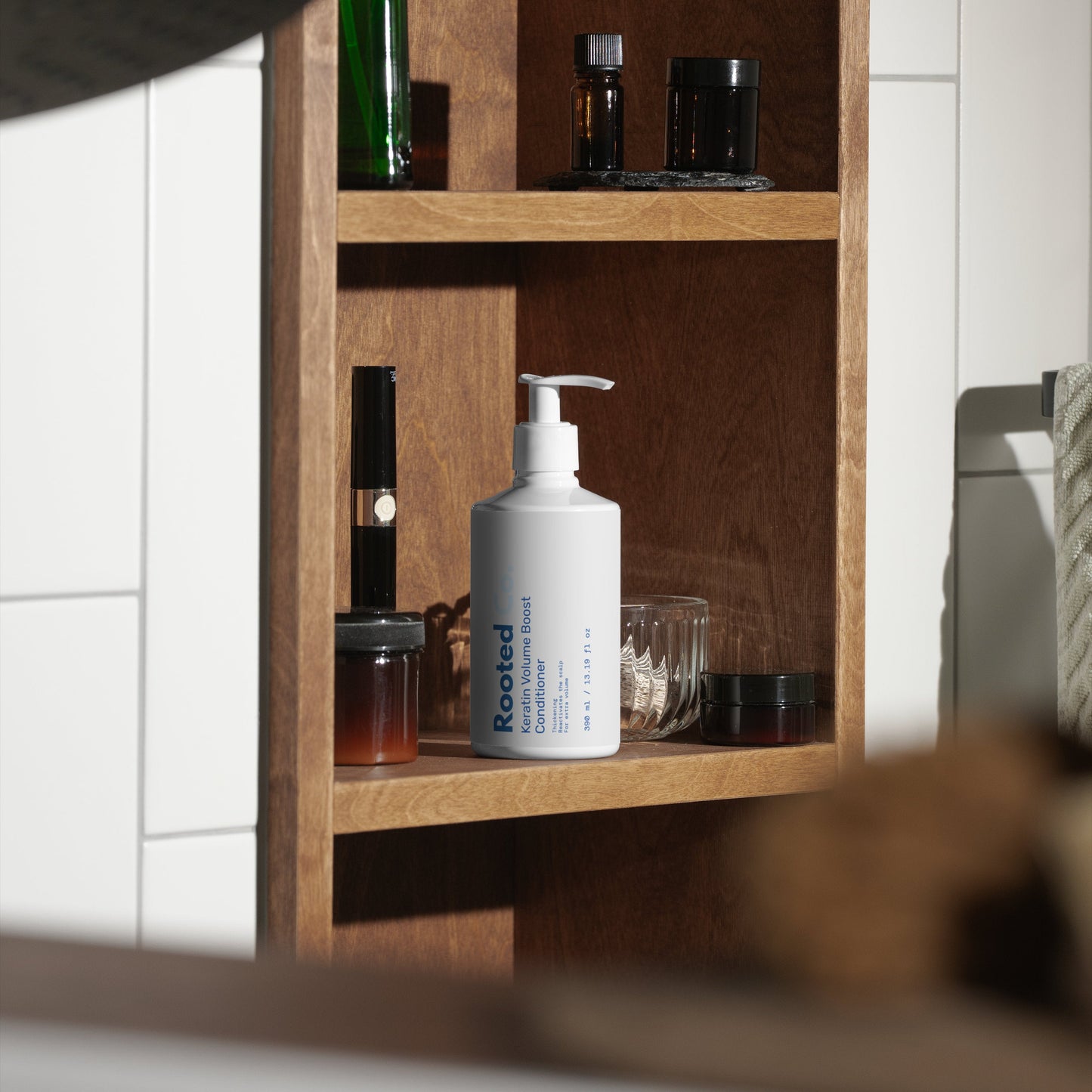Wooden shelf with various bottles in a bathroom setting