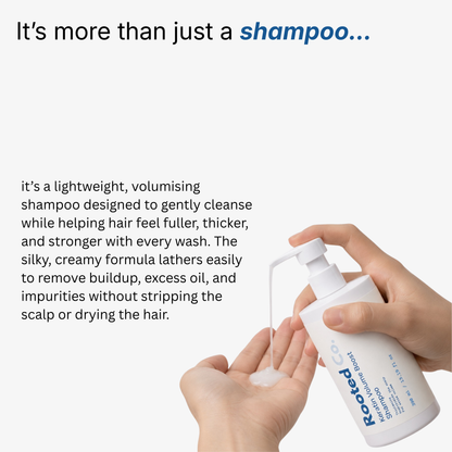 Shampoo bottle being held with text about its benefits on a white background