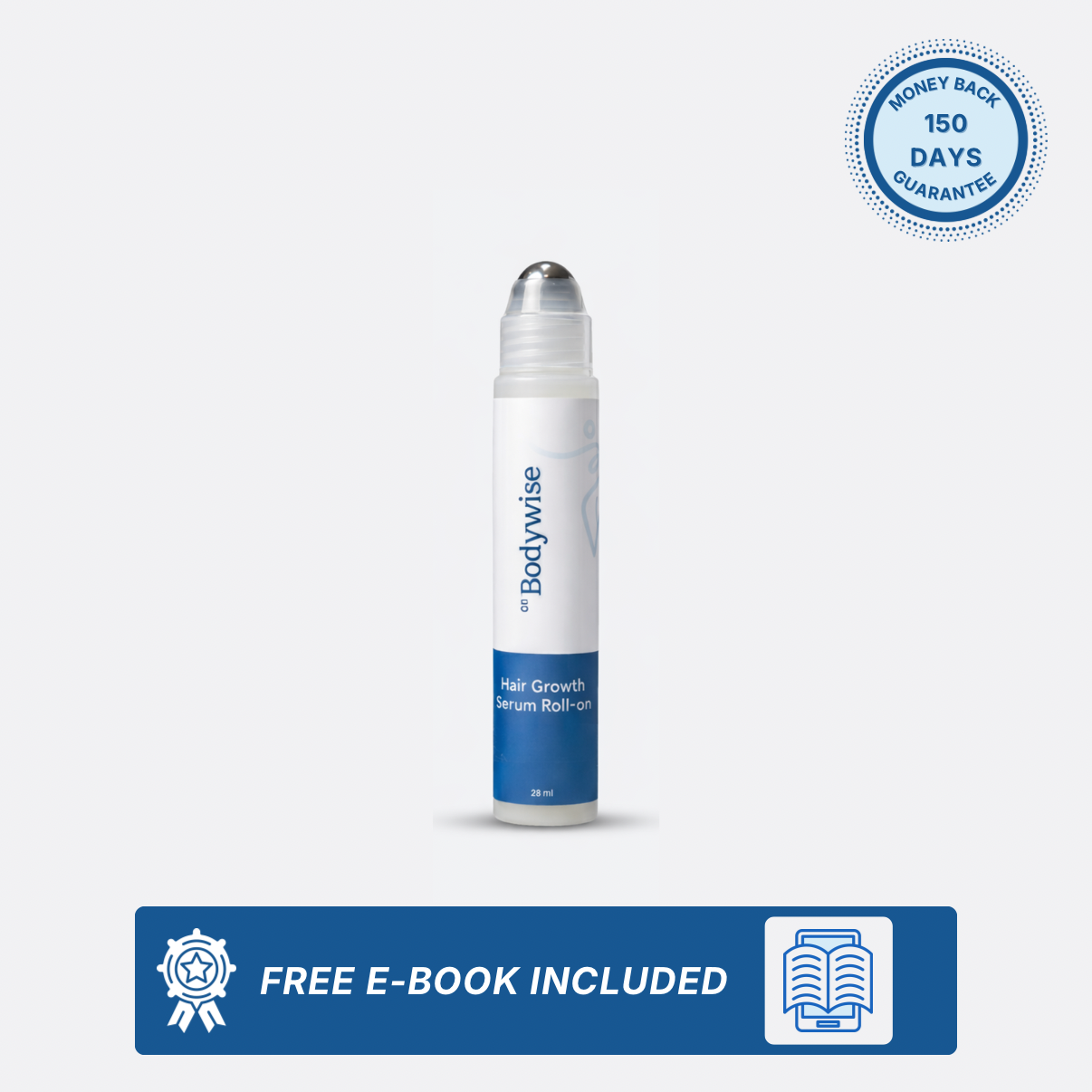 Bodywise hair growth serum roller with promotional text on a white background