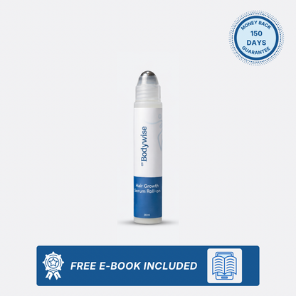 Bodywise hair growth serum roller with promotional text on a white background