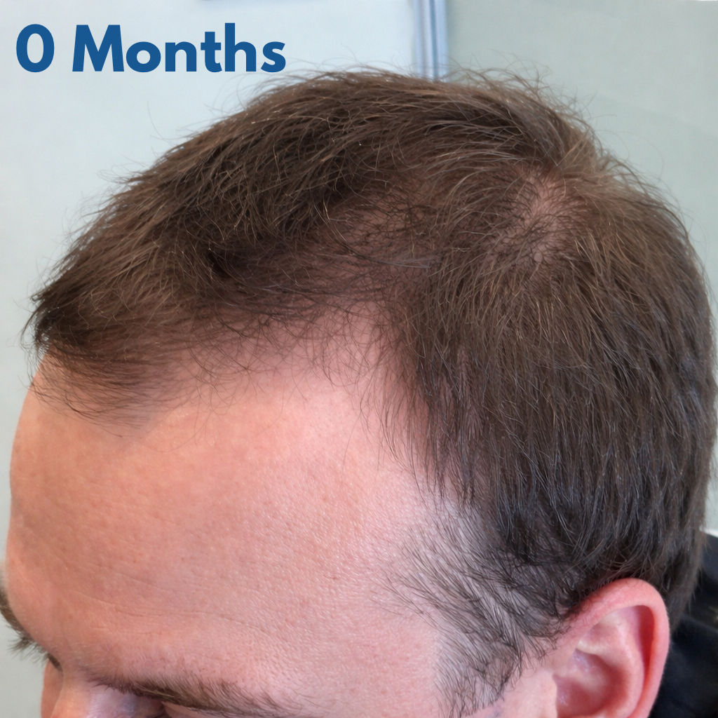 Close-up of a person's head with visible hairline at 0 months
