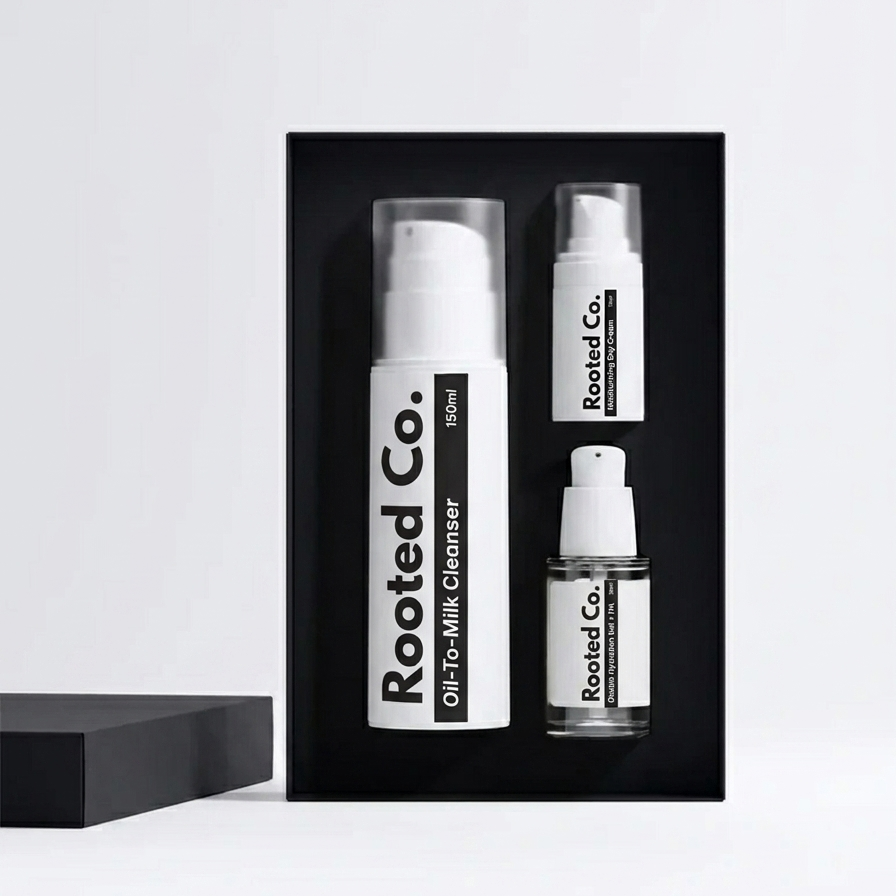 Three bottles of Rooted Co. skincare products in a black box on a white background