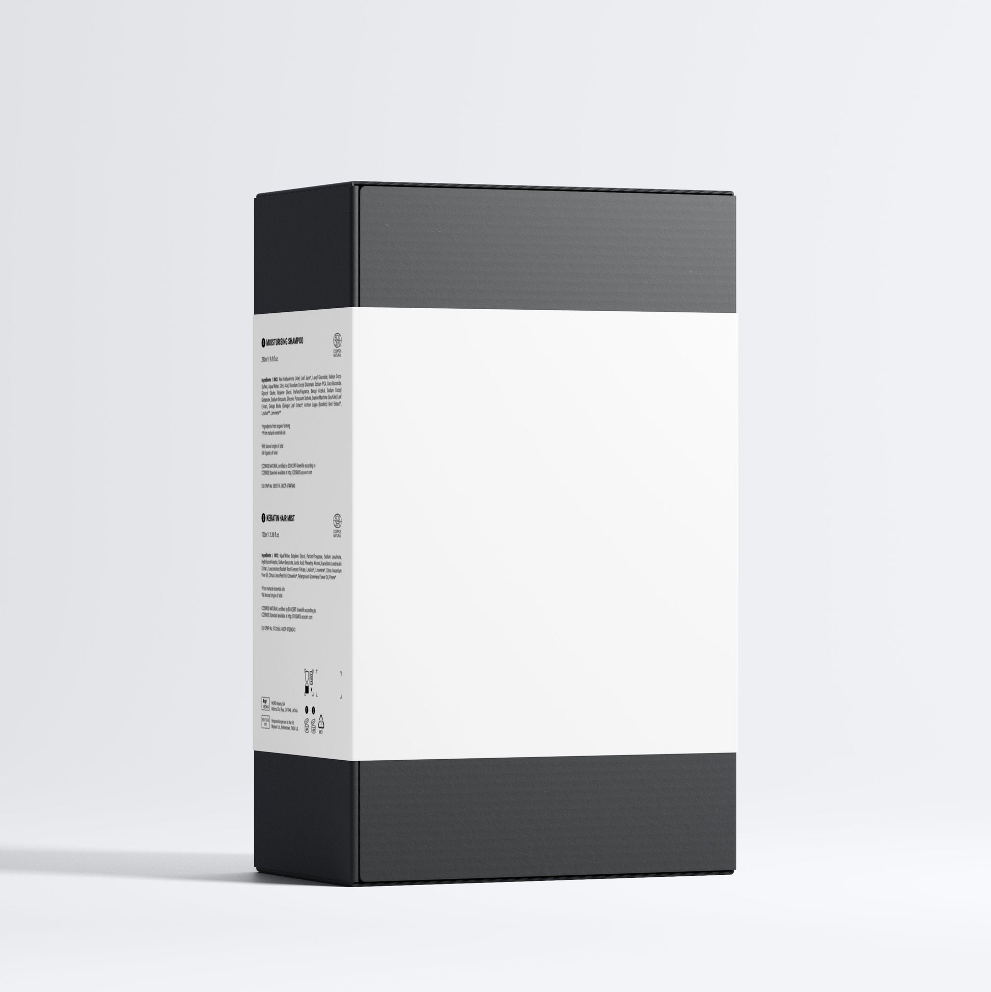 Black and white product packaging box on a light gray background